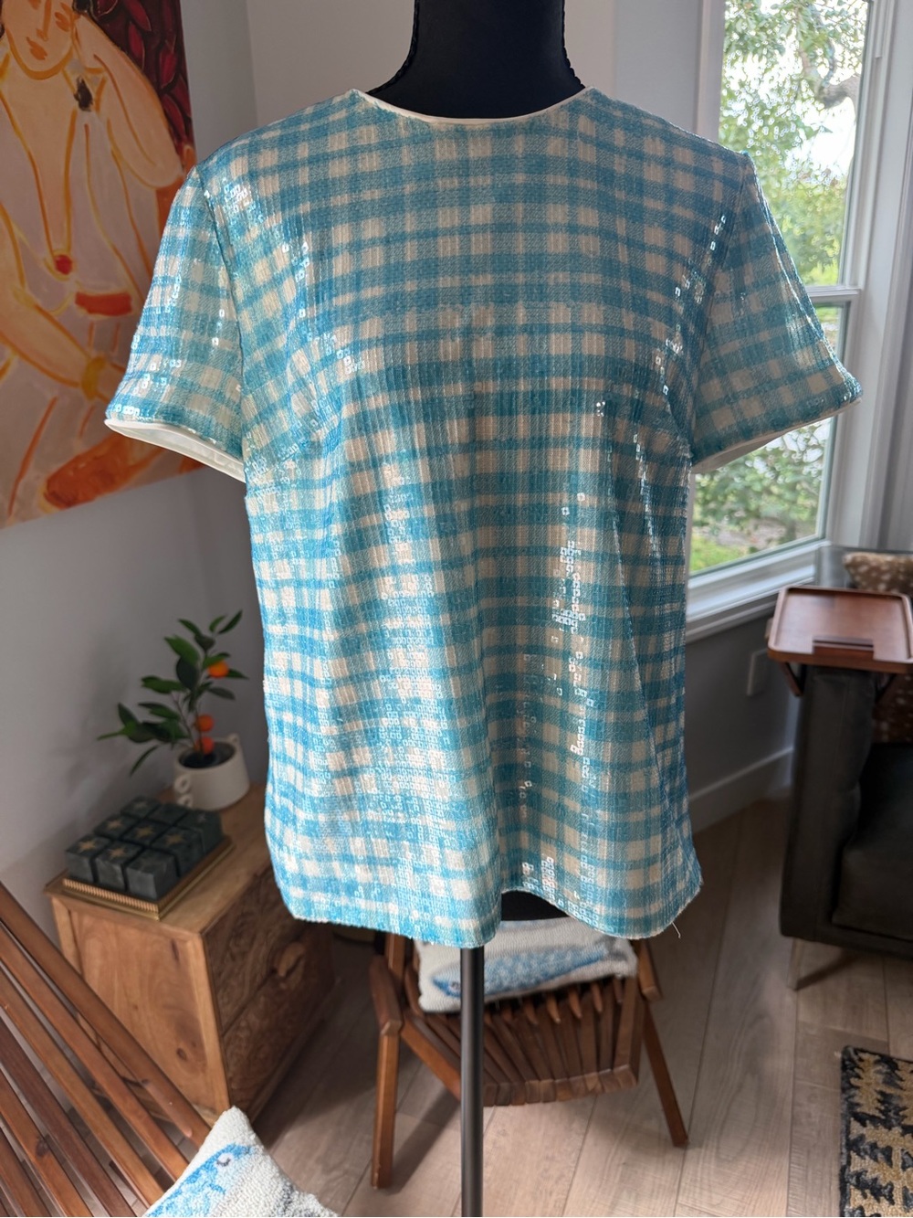 J. Crew Blue and White Gingham Sequin Short-Sleeve Top